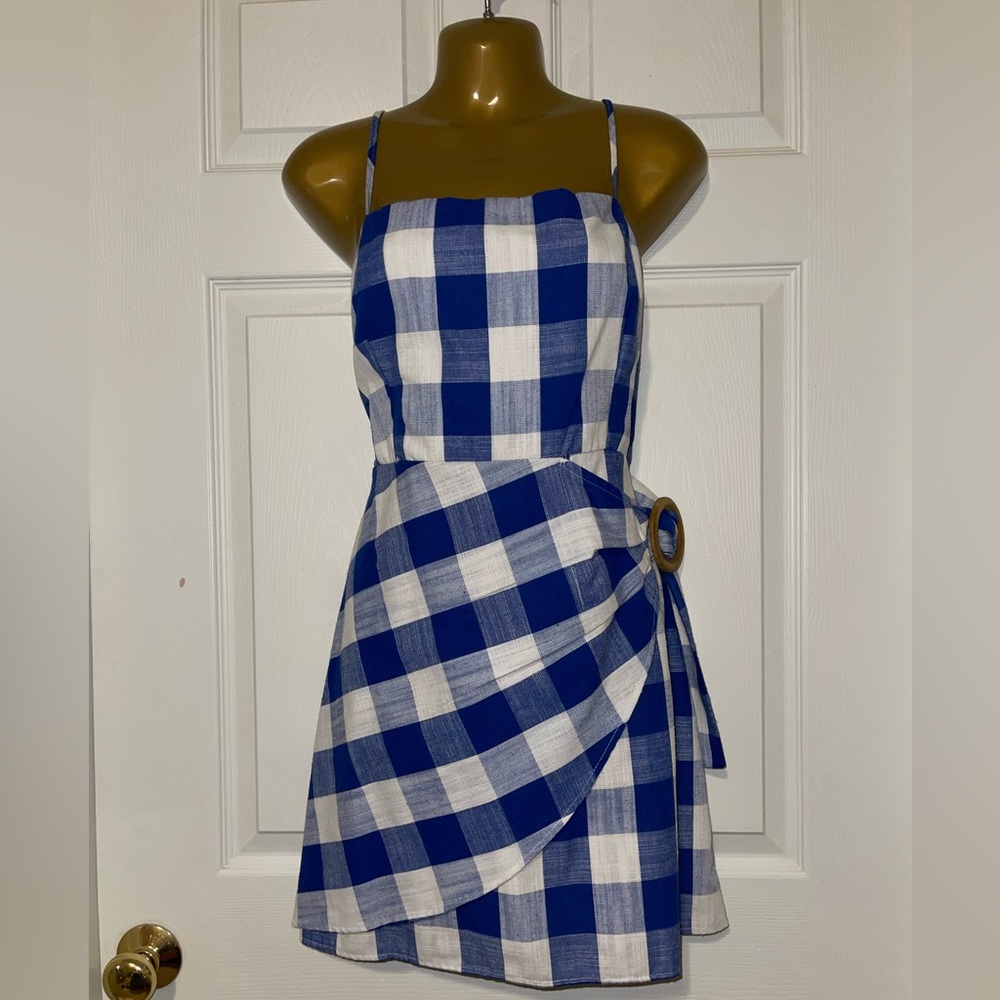 Blue and white plaid Altar’d state wrap dress